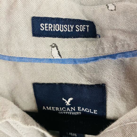 American Eagle Seriously Soft Gray Penguin Print Men's Button Front Size Large - Picture 5 of 8